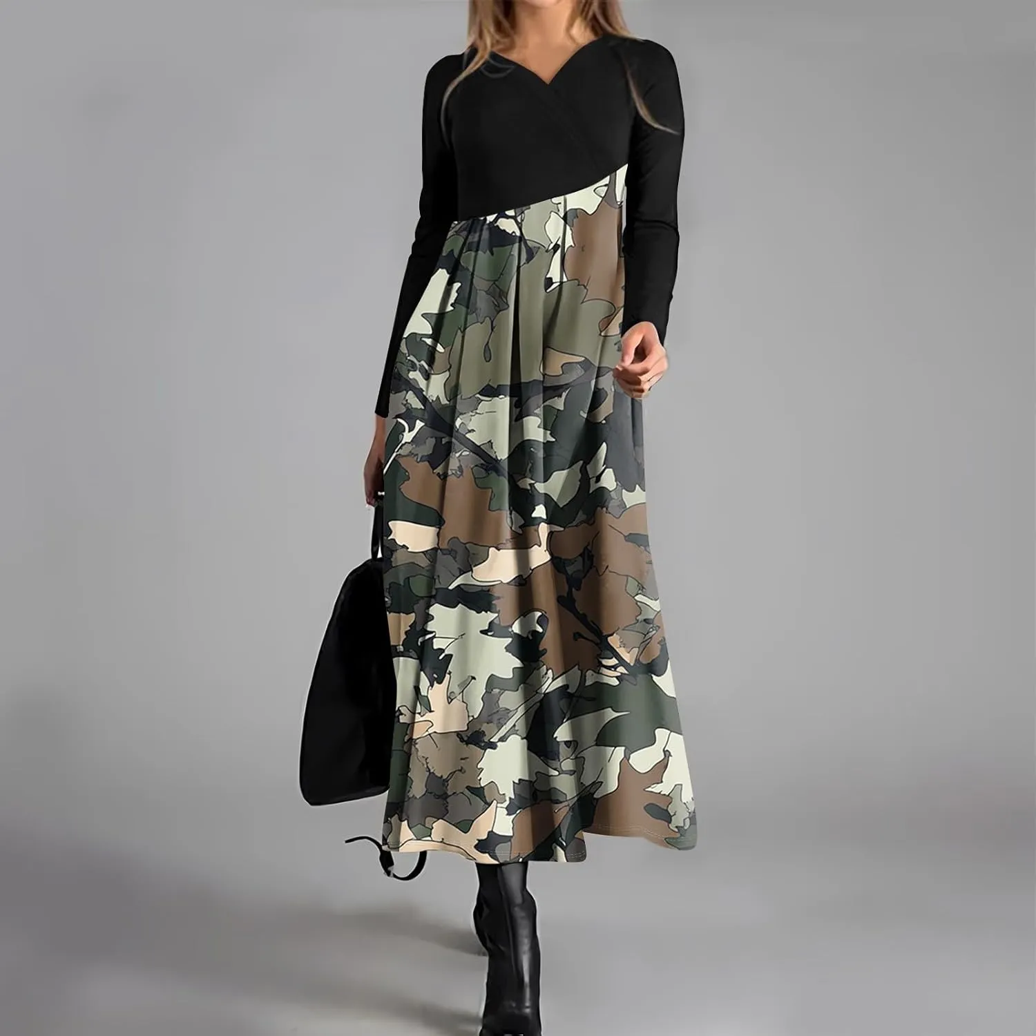 Women's Casual Long Sleeve V-Neck Long Dresses Light Pretty Graphic Print Summer Dress