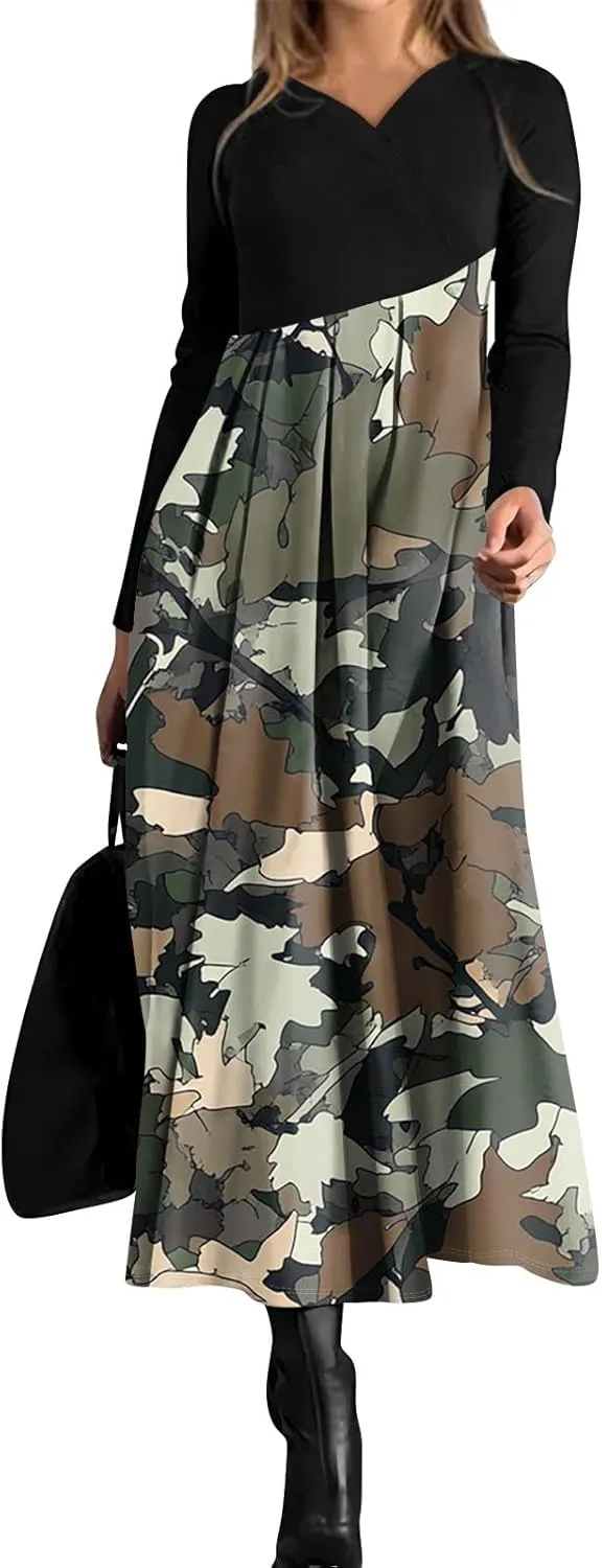 Women's Casual Long Sleeve V-Neck Long Dresses Light Pretty Graphic Print Summer Dress