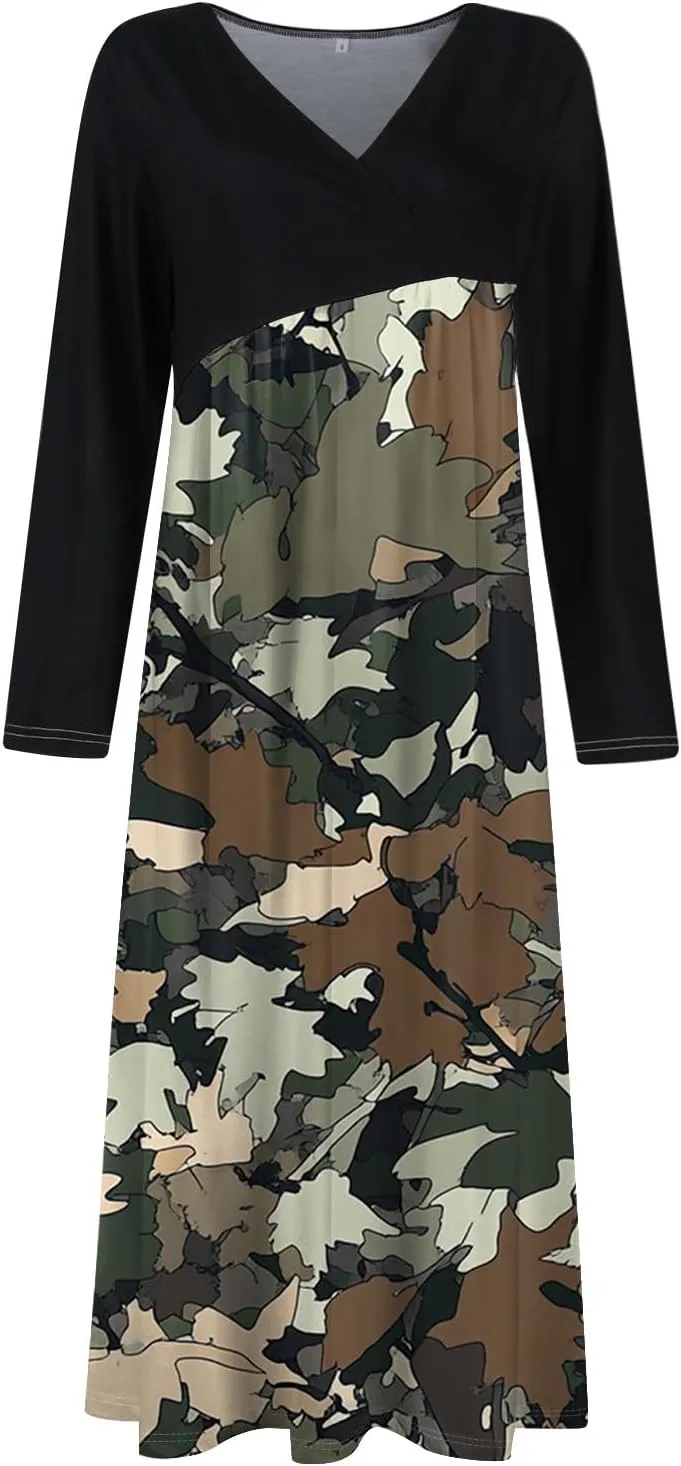 Women's Casual Long Sleeve V-Neck Long Dresses Light Pretty Graphic Print Summer Dress