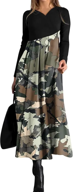 Women's Casual Long Sleeve V-Neck Long Dresses Light Pretty Graphic Print Summer Dress