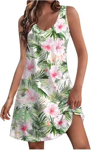 Womens Casual Summer Dress Floral Beach Sleeveless Crewneck Pleated Tshirt Sundresses Loose Fit Dress with Pockets