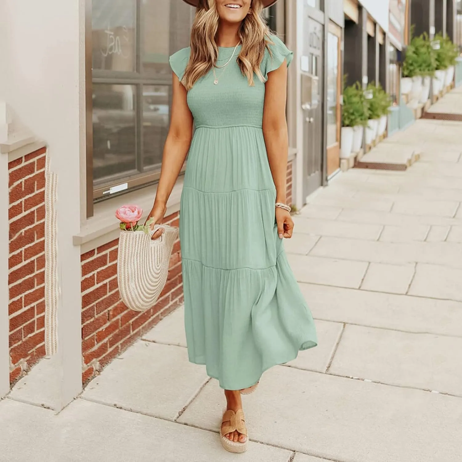Womens Casual Summer Dresses Ruffle Sleeveless Smocked Maxi Dress Flowy Tiered Swing A Line Long Vacation Sundress