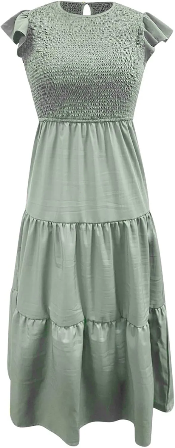 Womens Casual Summer Dresses Ruffle Sleeveless Smocked Maxi Dress Flowy Tiered Swing A Line Long Vacation Sundress