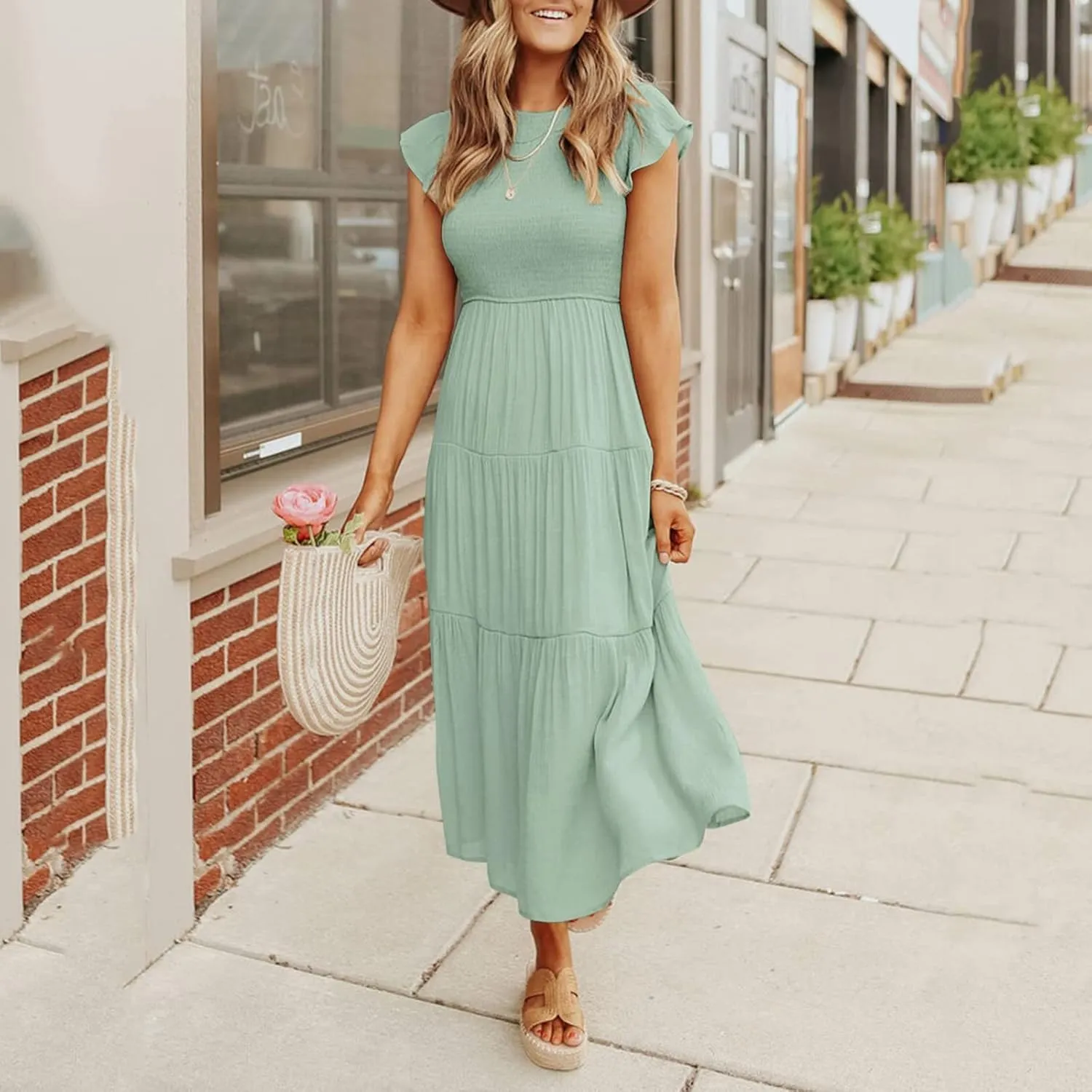 Womens Casual Summer Dresses Ruffle Sleeveless Smocked Maxi Dress Flowy Tiered Swing A Line Long Vacation Sundress