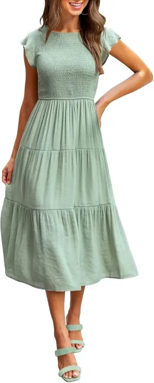 Womens Casual Summer Dresses Ruffle Sleeveless Smocked Maxi Dress Flowy Tiered Swing A Line Long Vacation Sundress