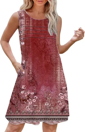 Womens Casual Summer Dresses Womens with Pockets Summer Casual Tank Dress Sleeveless Midi Beach Dress Cotton Dress