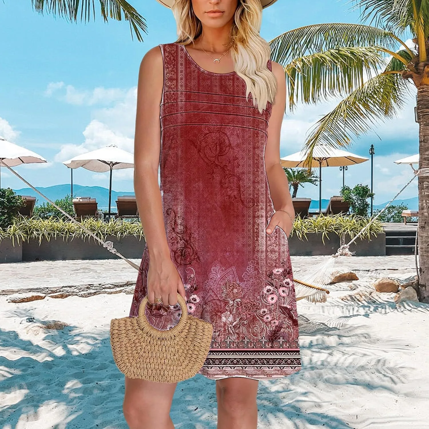 Womens Casual Summer Dresses Womens with Pockets Summer Casual Tank Dress Sleeveless Midi Beach Dress Cotton Dress