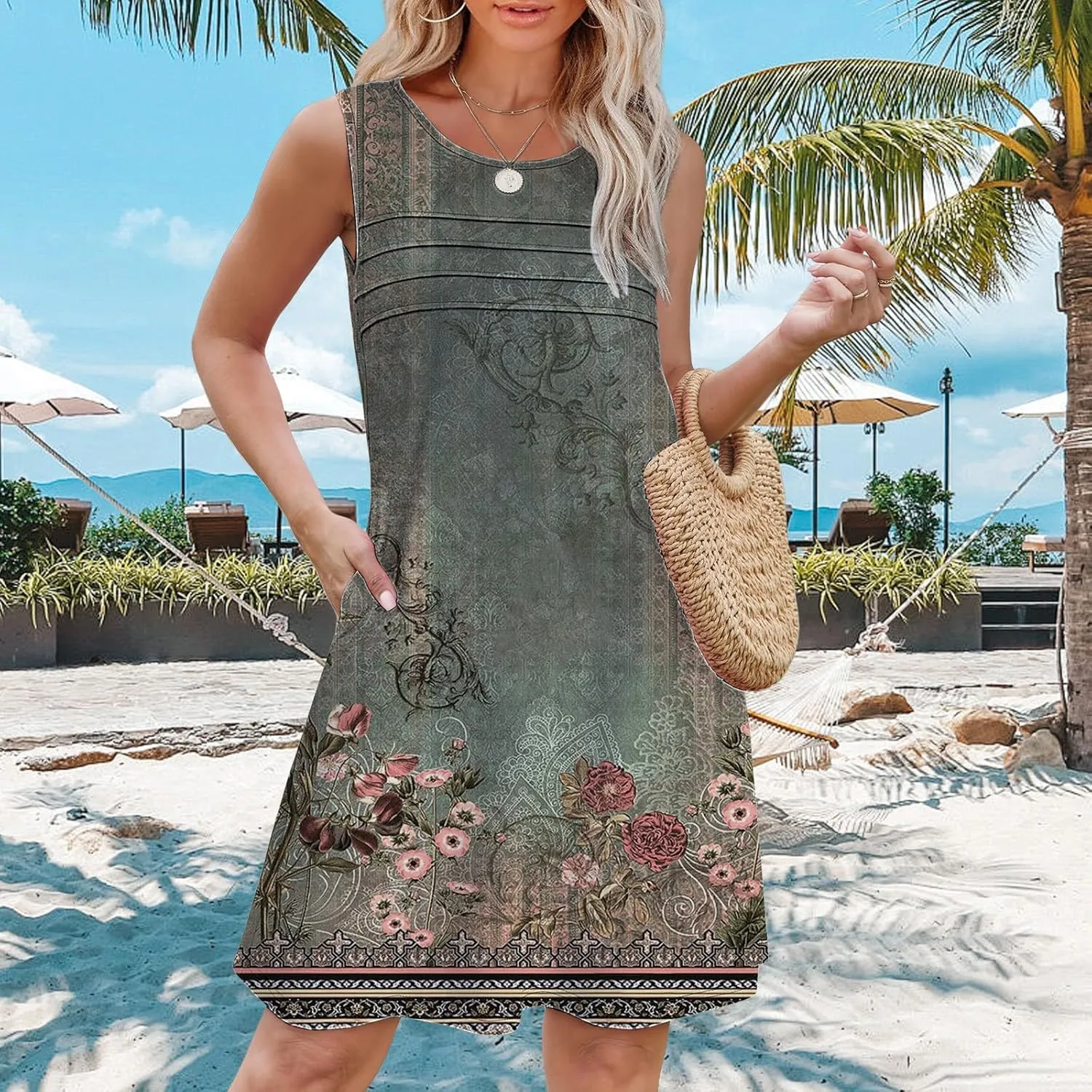Womens Casual Summer Dresses Womens with Pockets Summer Casual Tank Dress Sleeveless Midi Beach Dress Cotton Dress