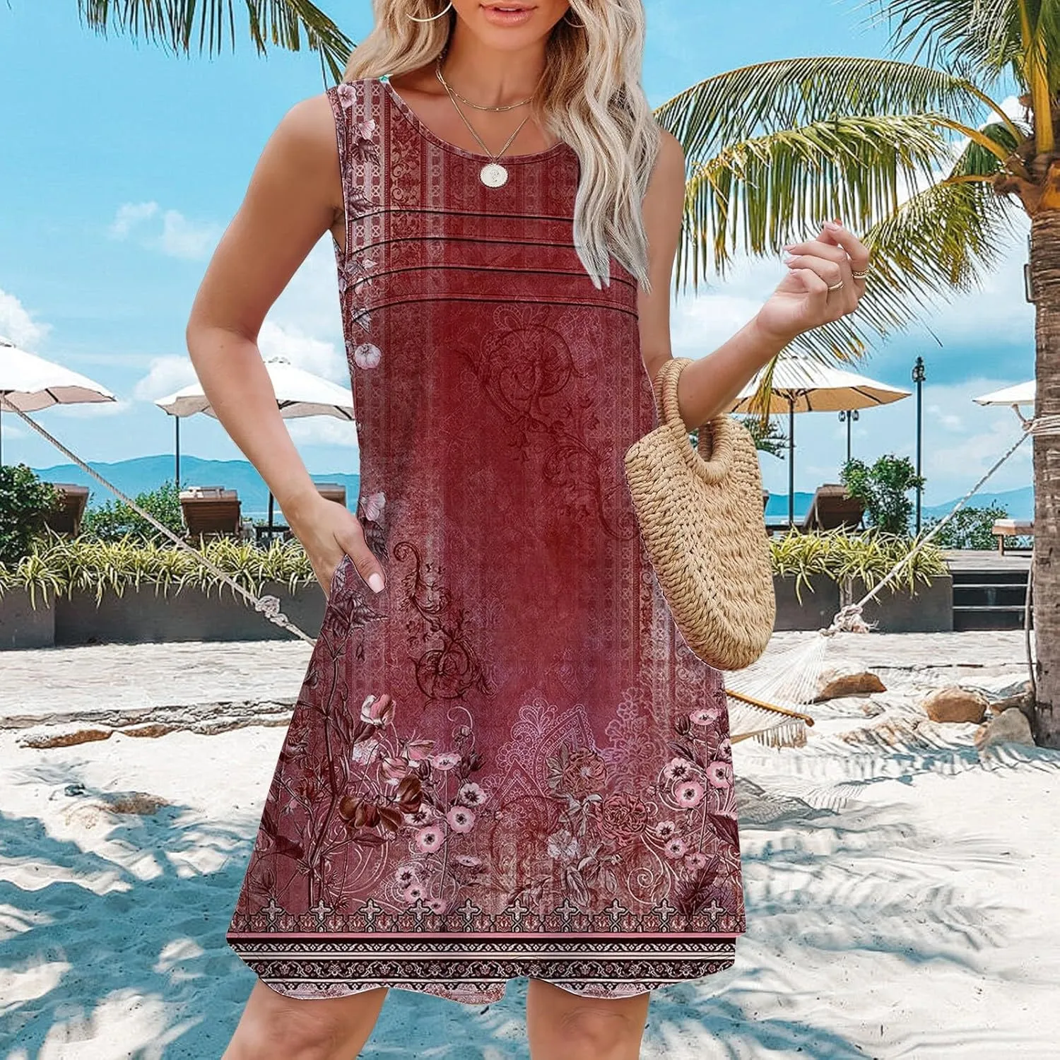 Womens Casual Summer Dresses Womens with Pockets Summer Casual Tank Dress Sleeveless Midi Beach Dress Cotton Dress