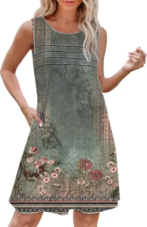 Womens Casual Summer Dresses Womens with Pockets Summer Casual Tank Dress Sleeveless Midi Beach Dress Cotton Dress