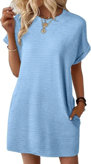 Womens Casual Summer Shift T Shirt Dress Loose Short Sleeve Tunic Dresses with Pocket, Lightweight Clothes for Women