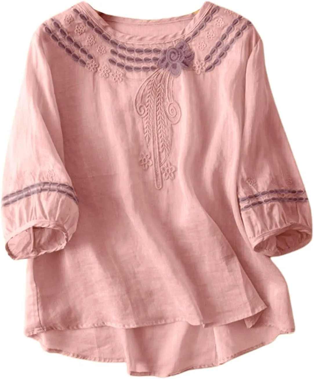 Women's Cotton Linen 3/4 Sleeve Shirts Vintage Embroidered Blouse T-Shirt Summer Loose Crew Neck Casual Boho Top