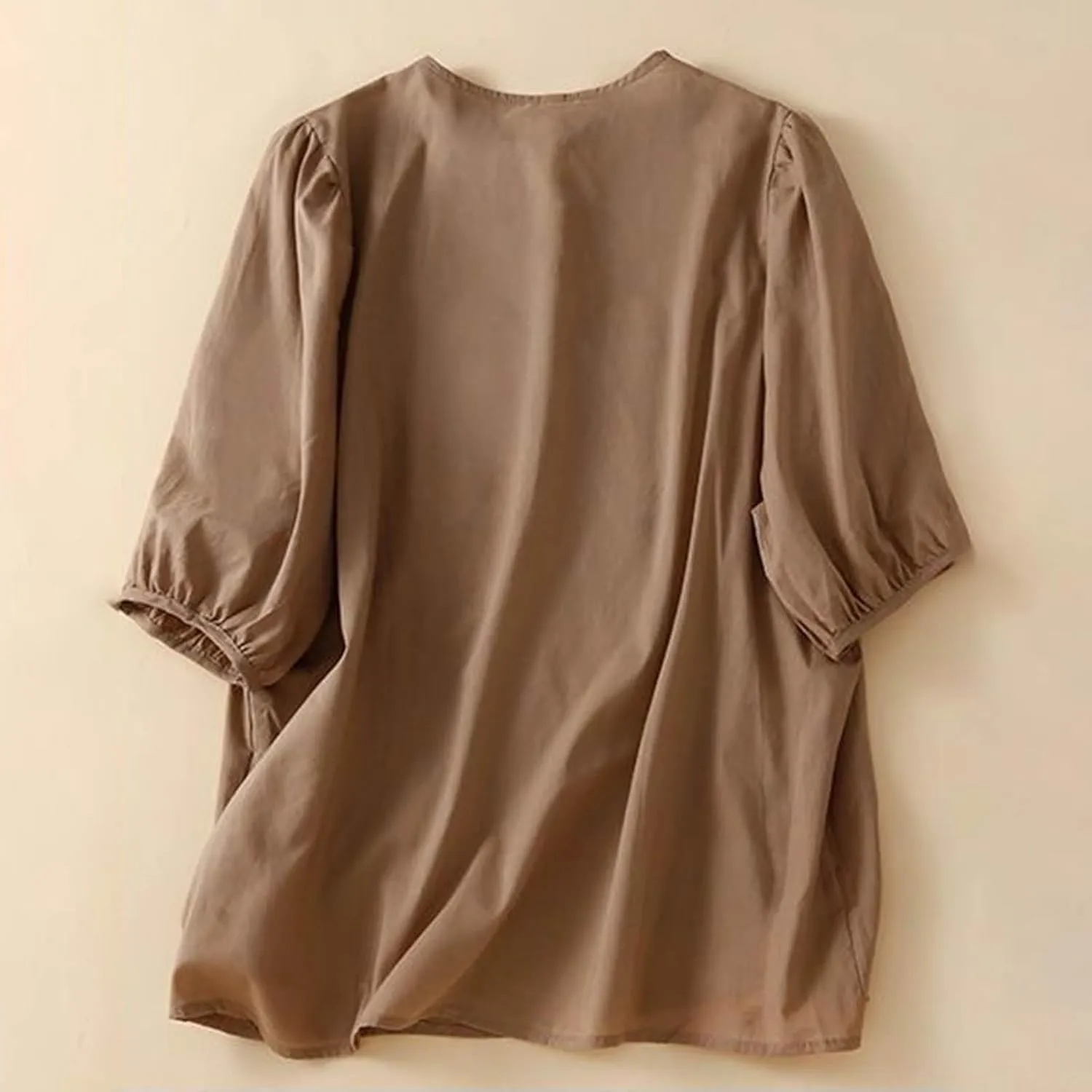 Women's Cotton Linen 3/4 Sleeve Shirts Vintage Embroidered Blouse T-Shirt Summer Loose Crew Neck Casual Boho Top