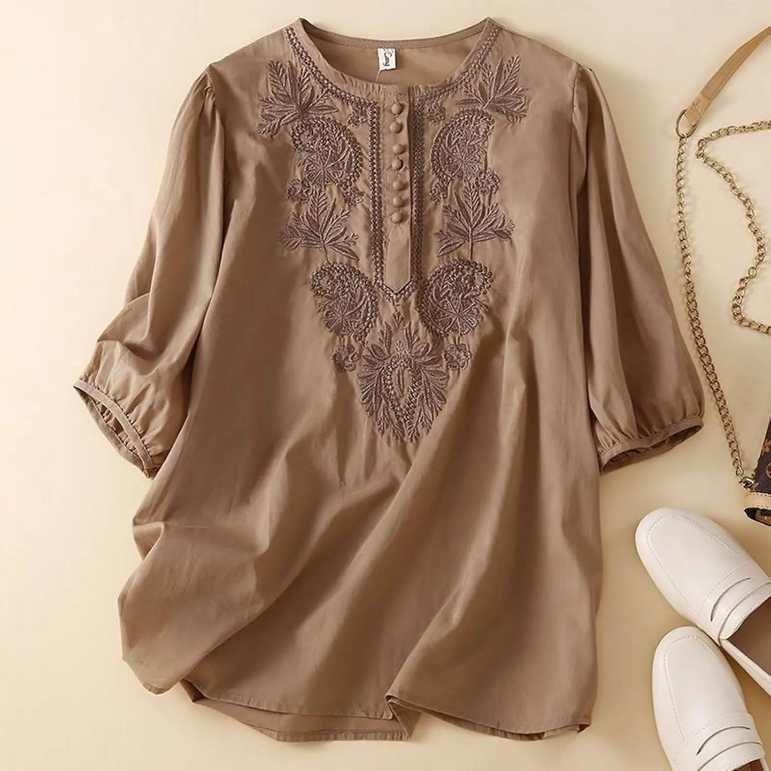 Women's Cotton Linen 3/4 Sleeve Shirts Vintage Embroidered Blouse T-Shirt Summer Loose Crew Neck Casual Boho Top