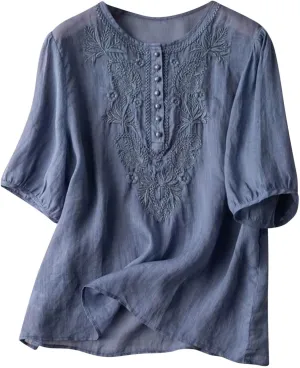 Women's Cotton Linen 3/4 Sleeve Shirts Vintage Embroidered Blouse T-Shirt Summer Loose Crew Neck Casual Boho Top