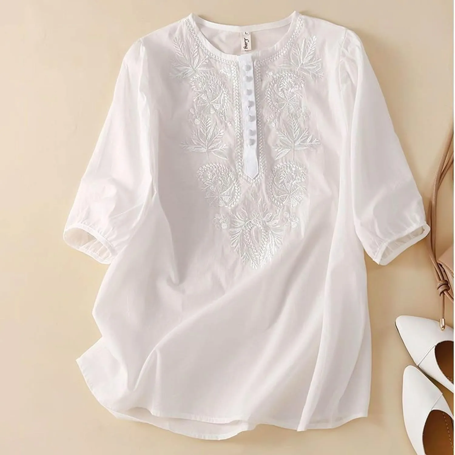 Women's Cotton Linen 3/4 Sleeve Shirts Vintage Embroidered Blouse T-Shirt Summer Loose Crew Neck Casual Boho Top