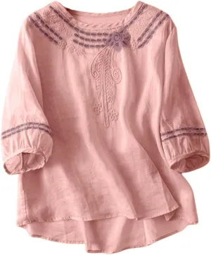 Women's Cotton Linen 3/4 Sleeve Shirts Vintage Embroidered Blouse T-Shirt Summer Loose Crew Neck Casual Boho Top