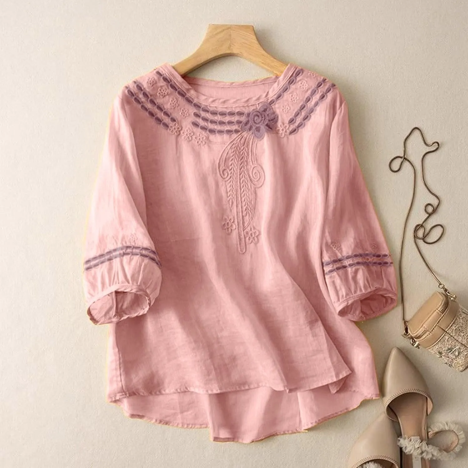Women's Cotton Linen 3/4 Sleeve Shirts Vintage Embroidered Blouse T-Shirt Summer Loose Crew Neck Casual Boho Top