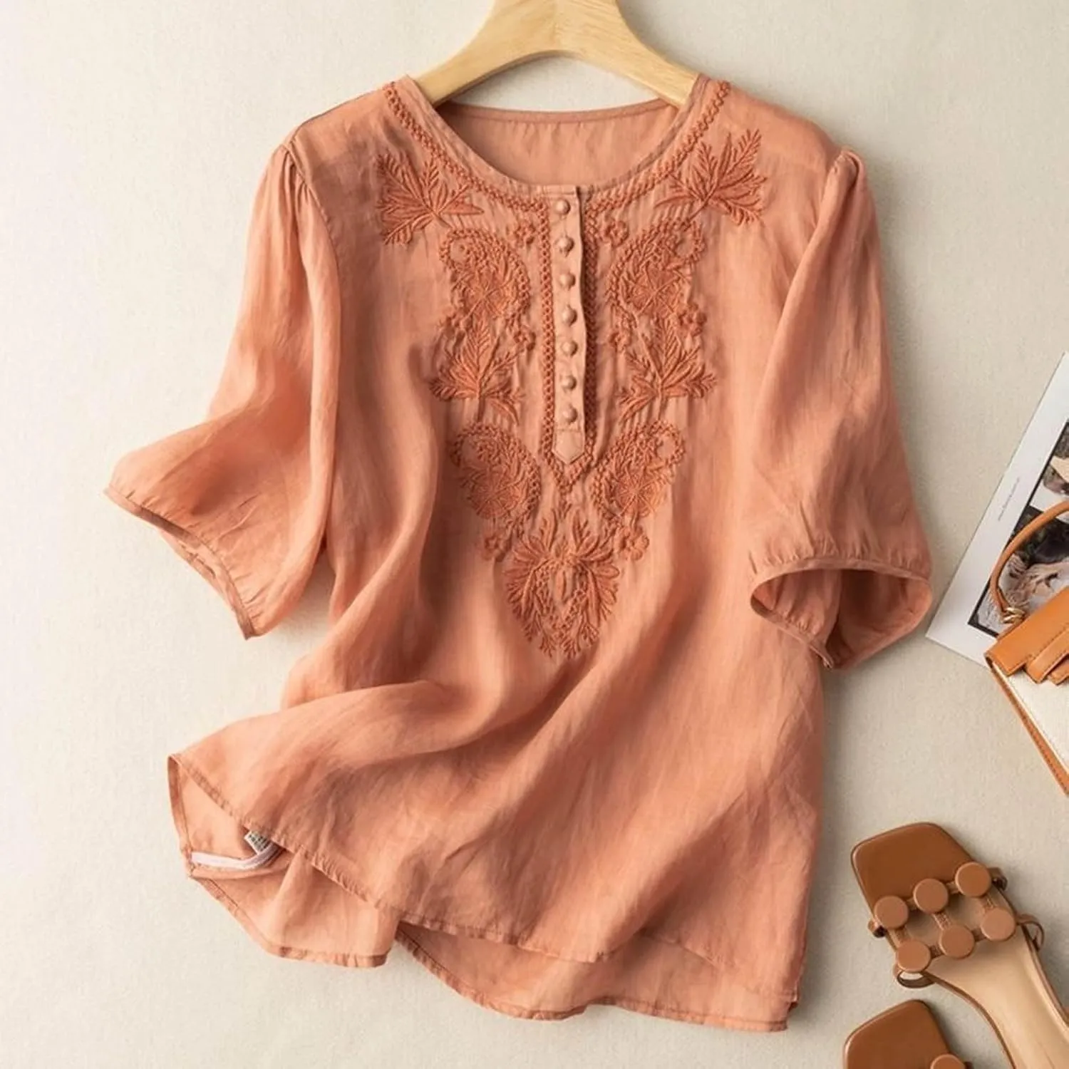 Women's Cotton Linen 3/4 Sleeve Shirts Vintage Embroidered Blouse T-Shirt Summer Loose Crew Neck Casual Boho Top