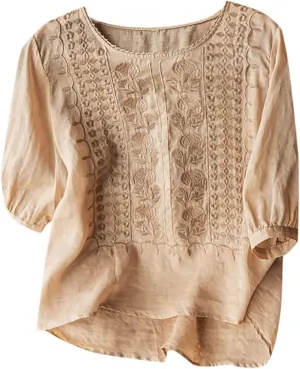 Women's Cotton Linen 3/4 Sleeve Shirts Vintage Embroidered Blouse T-Shirt Summer Loose Crew Neck Casual Boho Top