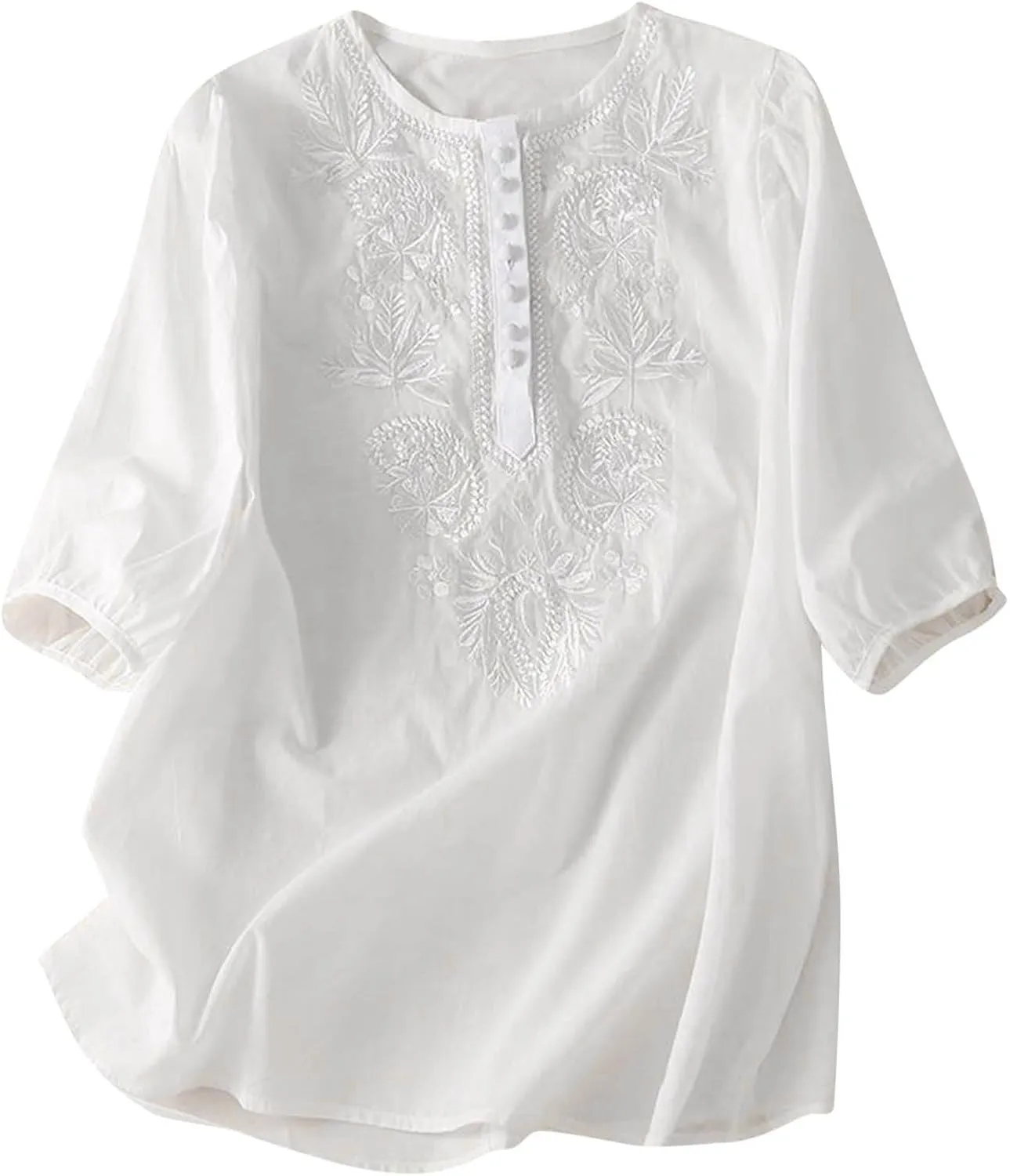 Women's Cotton Linen 3/4 Sleeve Shirts Vintage Embroidered Blouse T-Shirt Summer Loose Crew Neck Casual Boho Top