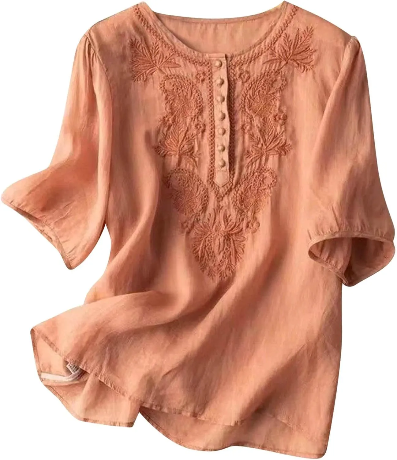 Women's Cotton Linen 3/4 Sleeve Shirts Vintage Embroidered Blouse T-Shirt Summer Loose Crew Neck Casual Boho Top