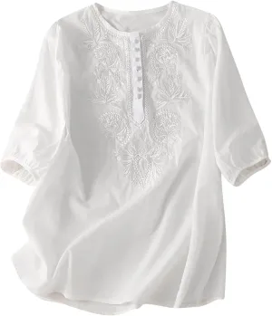 Women's Cotton Linen 3/4 Sleeve Shirts Vintage Embroidered Blouse T-Shirt Summer Loose Crew Neck Casual Boho Top