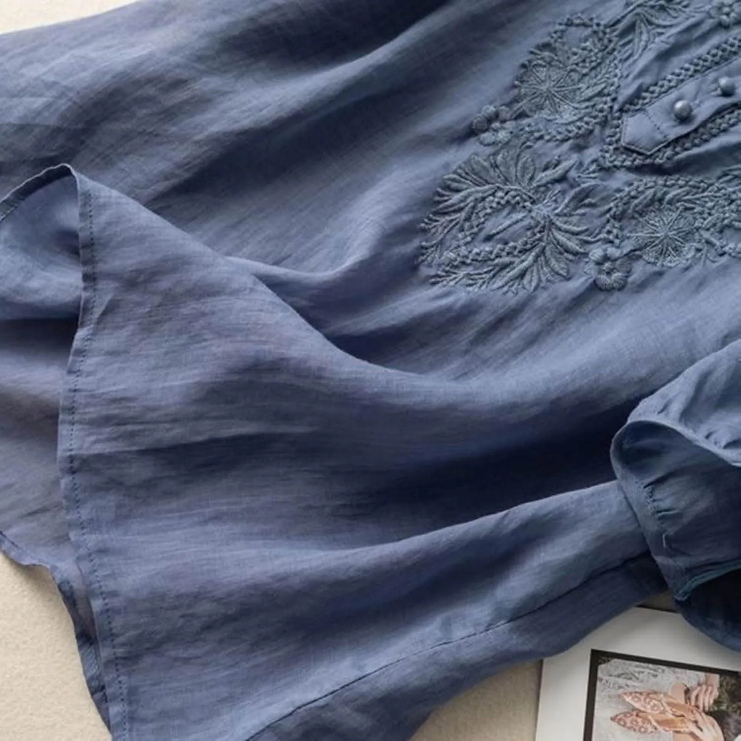 Women's Cotton Linen 3/4 Sleeve Shirts Vintage Embroidered Blouse T-Shirt Summer Loose Crew Neck Casual Boho Top
