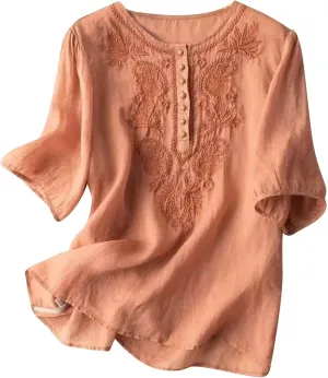 Women's Cotton Linen 3/4 Sleeve Shirts Vintage Embroidered Blouse T-Shirt Summer Loose Crew Neck Casual Boho Top
