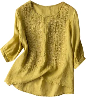 Women's Cotton Linen 3/4 Sleeve Shirts Vintage Embroidered Blouse T-Shirt Summer Loose Crew Neck Casual Boho Top