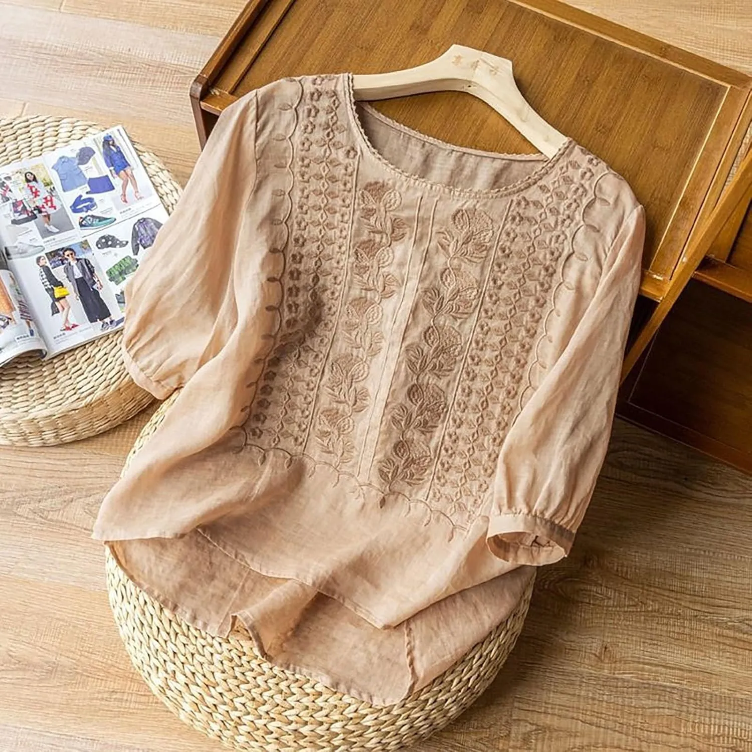 Women's Cotton Linen 3/4 Sleeve Shirts Vintage Embroidered Blouse T-Shirt Summer Loose Crew Neck Casual Boho Top