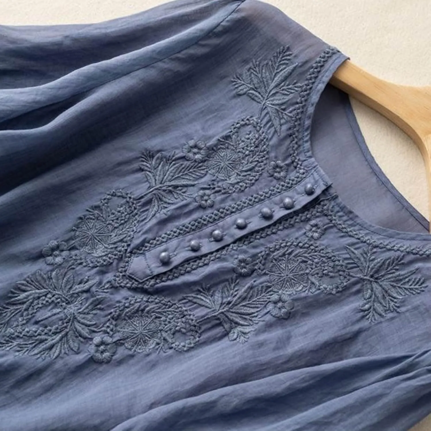 Women's Cotton Linen 3/4 Sleeve Shirts Vintage Embroidered Blouse T-Shirt Summer Loose Crew Neck Casual Boho Top