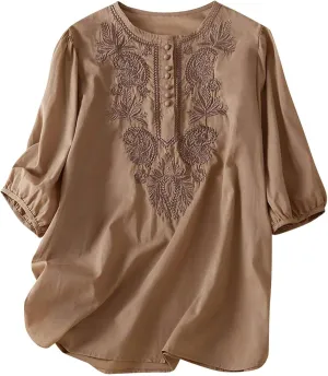 Women's Cotton Linen 3/4 Sleeve Shirts Vintage Embroidered Blouse T-Shirt Summer Loose Crew Neck Casual Boho Top