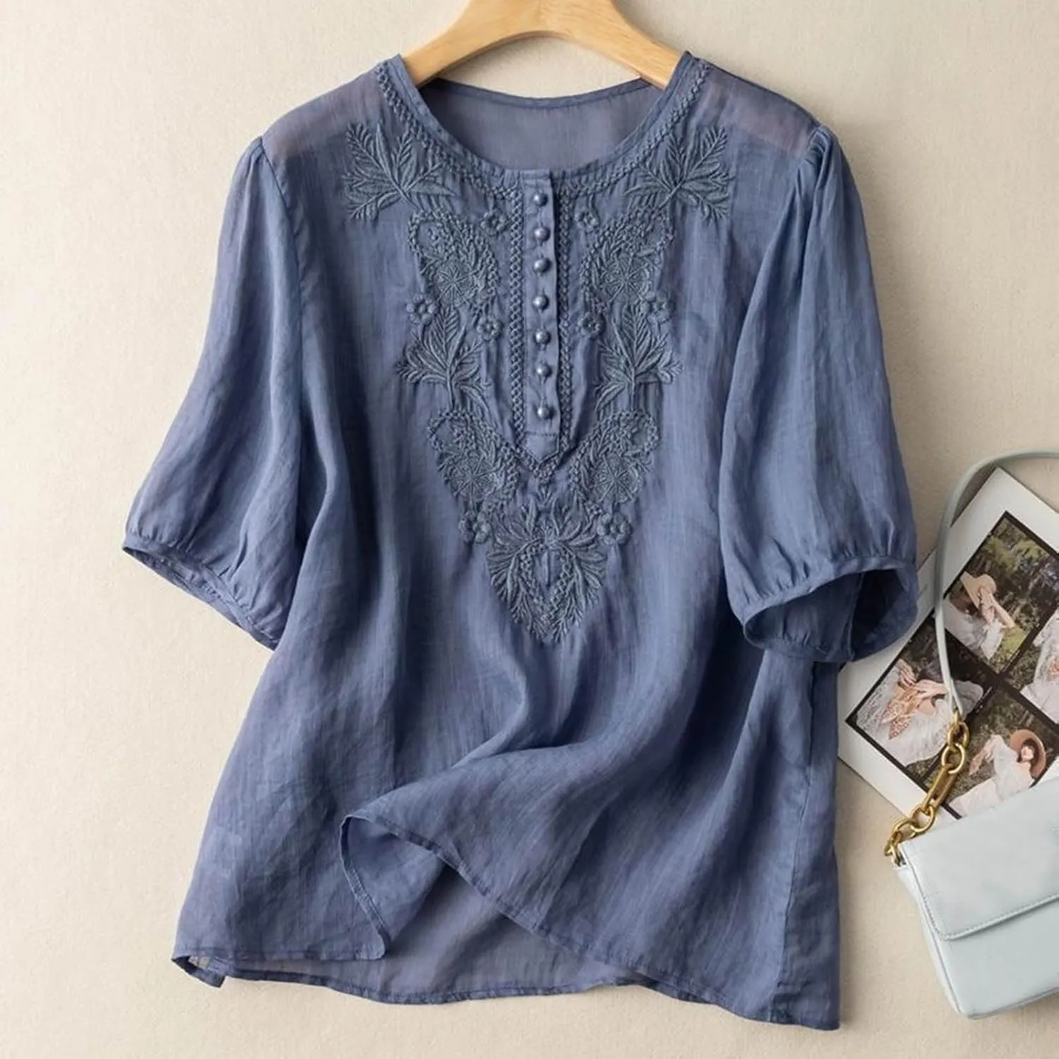 Women's Cotton Linen 3/4 Sleeve Shirts Vintage Embroidered Blouse T-Shirt Summer Loose Crew Neck Casual Boho Top