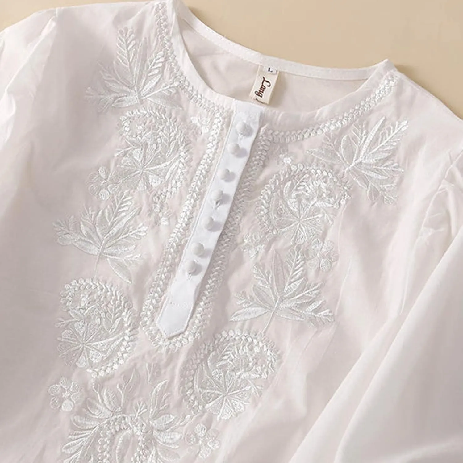 Women's Cotton Linen 3/4 Sleeve Shirts Vintage Embroidered Blouse T-Shirt Summer Loose Crew Neck Casual Boho Top