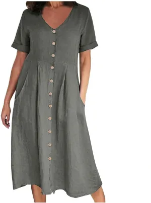 Women's Cotton Linen Button Down Dress Casual V Neck Short Sleeve Maxi Dresses Solid Color Lightweight Loose Outfits