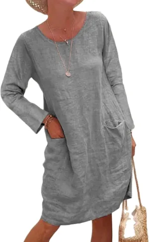Women's Cotton Linen Dress Long Sleeve Casual T Shirt Dress Loose Tunic Midi Dress Summer Linen Dresses with Pockets