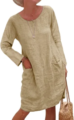 Women's Cotton Linen Dress Long Sleeve Casual T Shirt Dress Loose Tunic Midi Dress Summer Linen Dresses with Pockets
