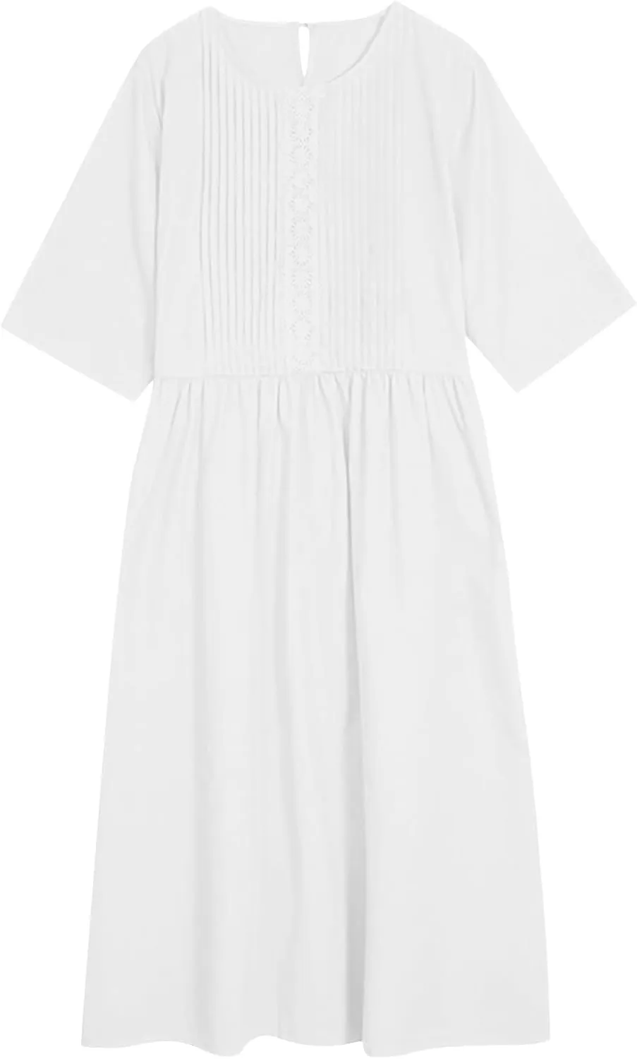 Women's Cotton Linen Midi Dress Vintage Casual Short Sleeve Pleated Front Drawstring Tie Waist Summer Vacation Dresses