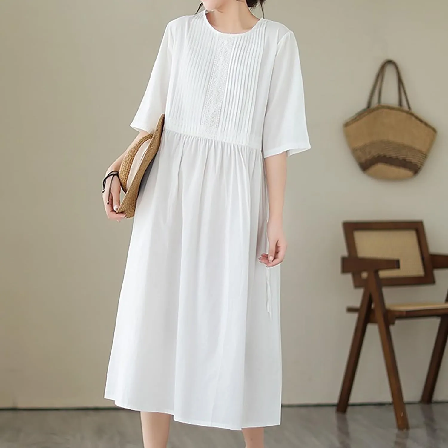 Women's Cotton Linen Midi Dress Vintage Casual Short Sleeve Pleated Front Drawstring Tie Waist Summer Vacation Dresses