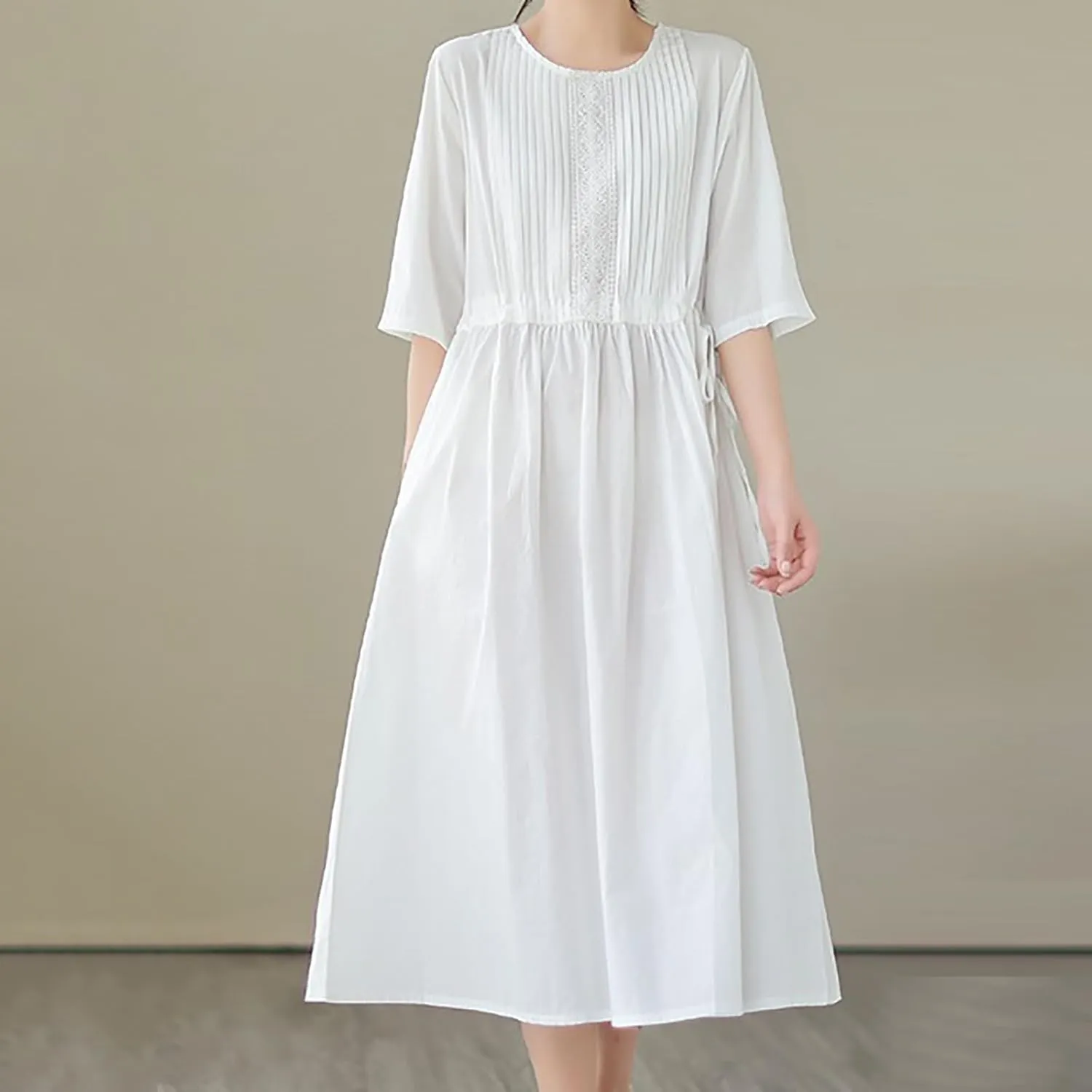 Women's Cotton Linen Midi Dress Vintage Casual Short Sleeve Pleated Front Drawstring Tie Waist Summer Vacation Dresses