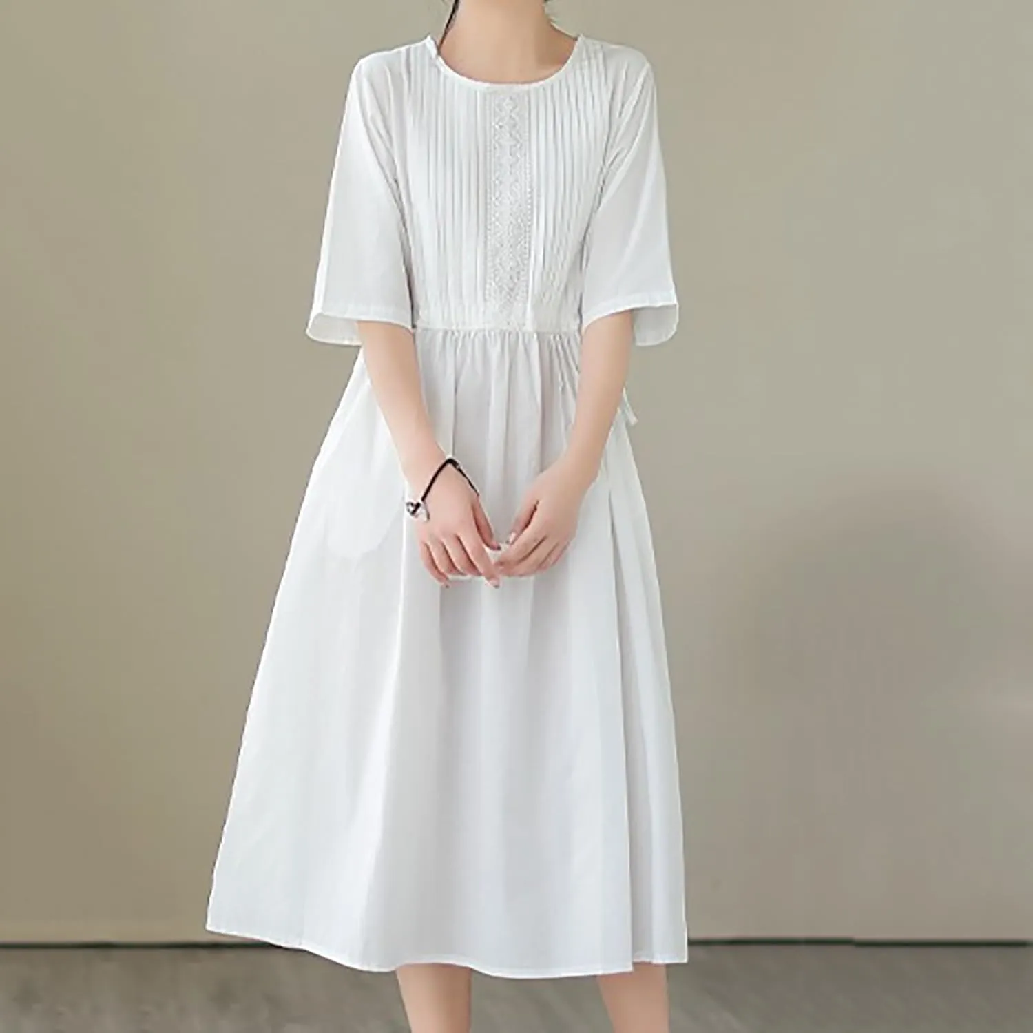 Women's Cotton Linen Midi Dress Vintage Casual Short Sleeve Pleated Front Drawstring Tie Waist Summer Vacation Dresses