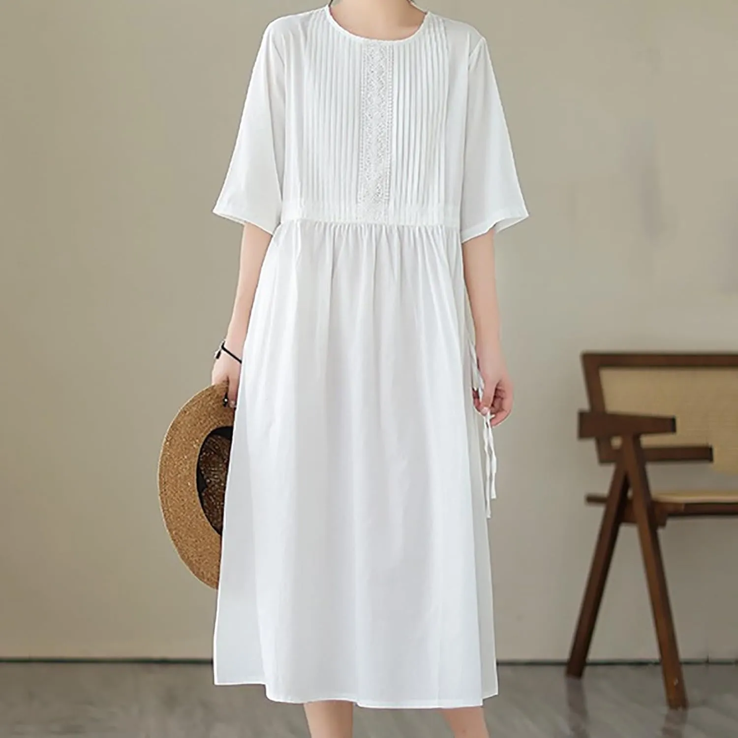 Women's Cotton Linen Midi Dress Vintage Casual Short Sleeve Pleated Front Drawstring Tie Waist Summer Vacation Dresses