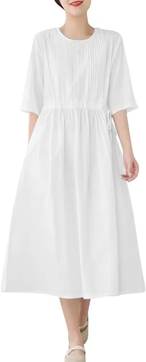 Women's Cotton Linen Midi Dress Vintage Casual Short Sleeve Pleated Front Drawstring Tie Waist Summer Vacation Dresses