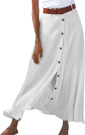 Womens Cotton Linen Skirts Button Down High Waist A Line Long Skirt Flowy Lightweight Slit Beach Maxi Skirt
