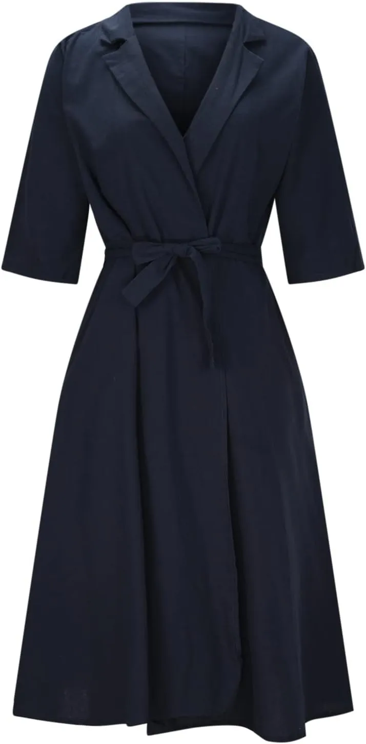 Women's Cotton Linen Wrap Dress Summer Casual Boho V Neck Half Sleeve Tie Waist Split Beach Long Dresses with Pockets