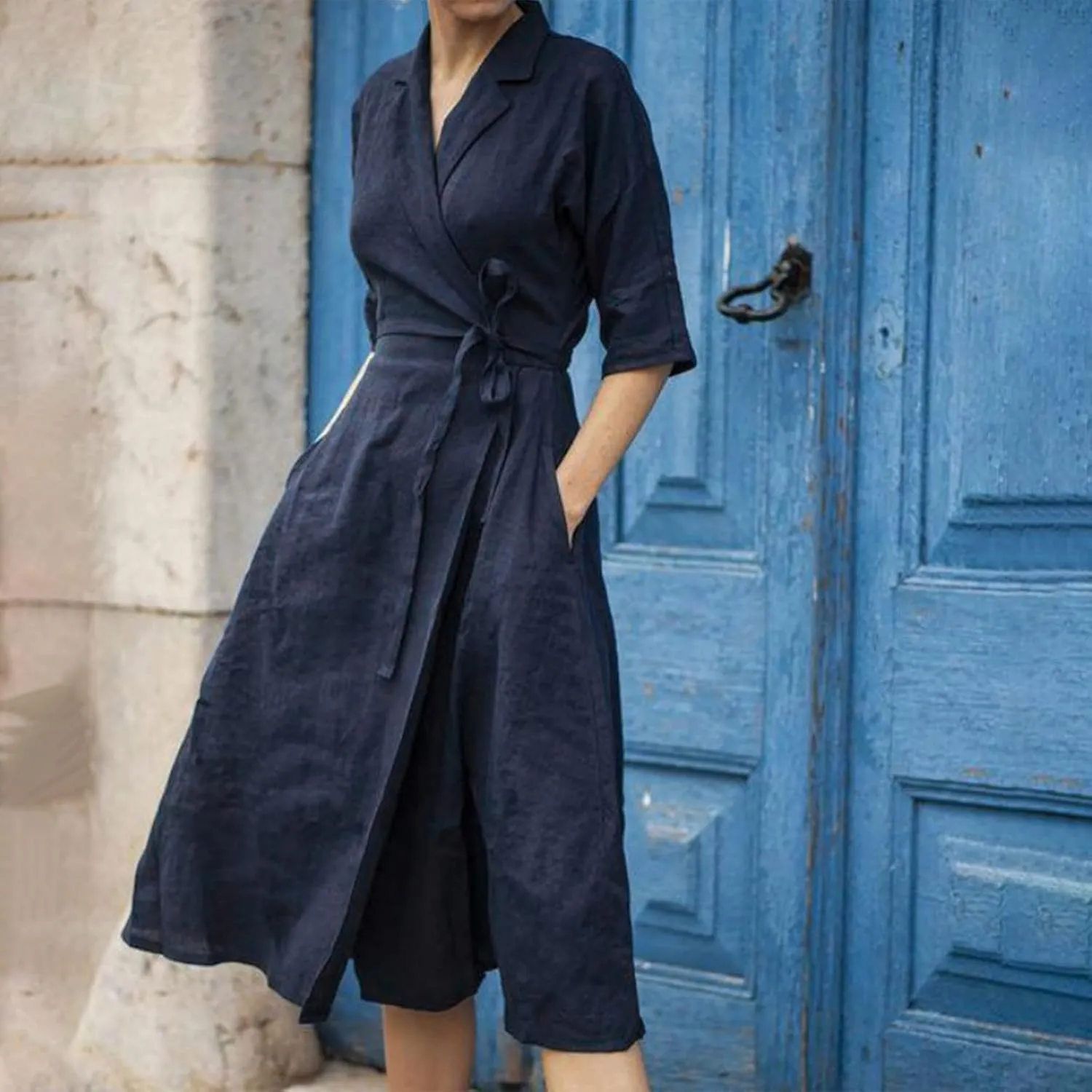 Women's Cotton Linen Wrap Dress Summer Casual Boho V Neck Half Sleeve Tie Waist Split Beach Long Dresses with Pockets