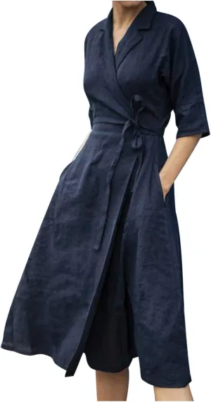 Women's Cotton Linen Wrap Dress Summer Casual Boho V Neck Half Sleeve Tie Waist Split Beach Long Dresses with Pockets