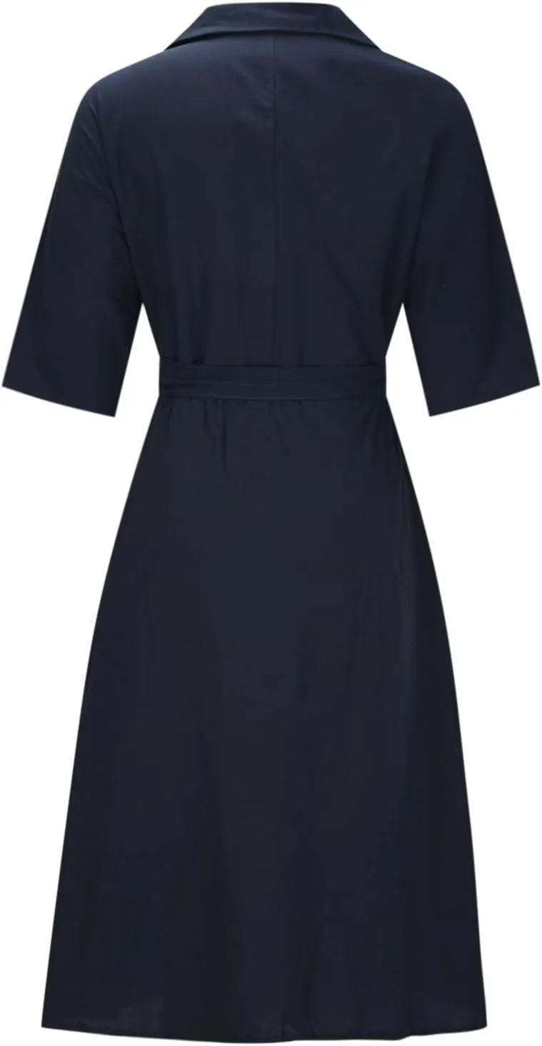 Women's Cotton Linen Wrap Dress Summer Casual Boho V Neck Half Sleeve Tie Waist Split Beach Long Dresses with Pockets