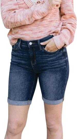 Womens Denim Bermuda Shorts Trendy Summer Mid Rise Stretchy Casual Knee Length Folded Hem Jean Shorts with Pockets